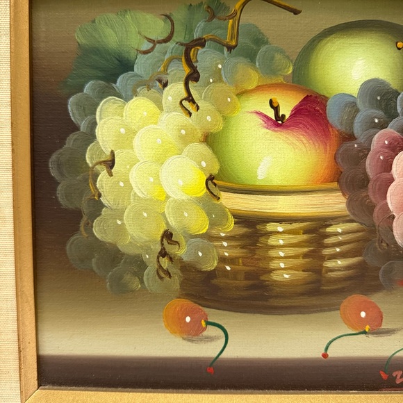 Vintage Original Still Life Basket of Fruit Grapes Painting Framed Signed 8x10 - Picture 3 of 8